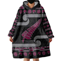 New Zealand Christmas Wearable Blanket Hoodie Meri Kirihimete Silver Fern Knit Style Pink Color - Polynesian Pride