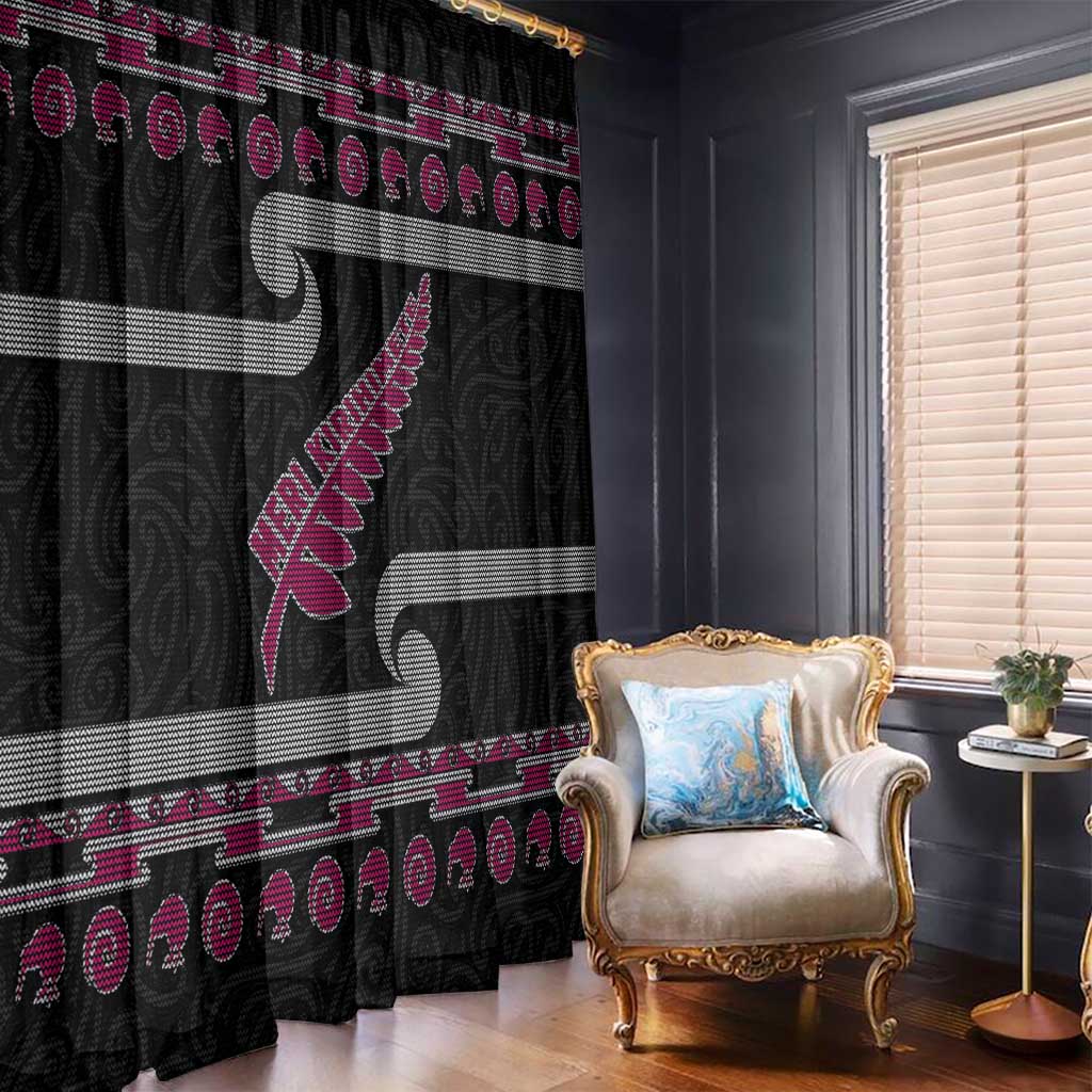 New Zealand Christmas Window Curtain Meri Kirihimete Silver Fern Knit Style Pink Color - Polynesian Pride