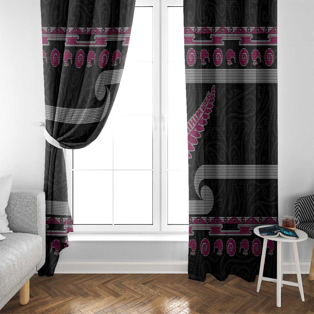 New Zealand Christmas Window Curtain Meri Kirihimete Silver Fern Knit Style Pink Color - Polynesian Pride