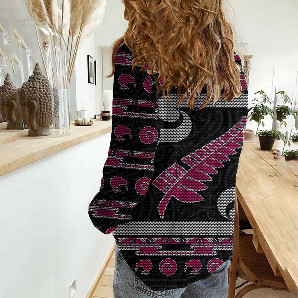 New Zealand Christmas Women Casual Shirt Meri Kirihimete Silver Fern Knit Style Pink Color LT03 - Polynesian Pride