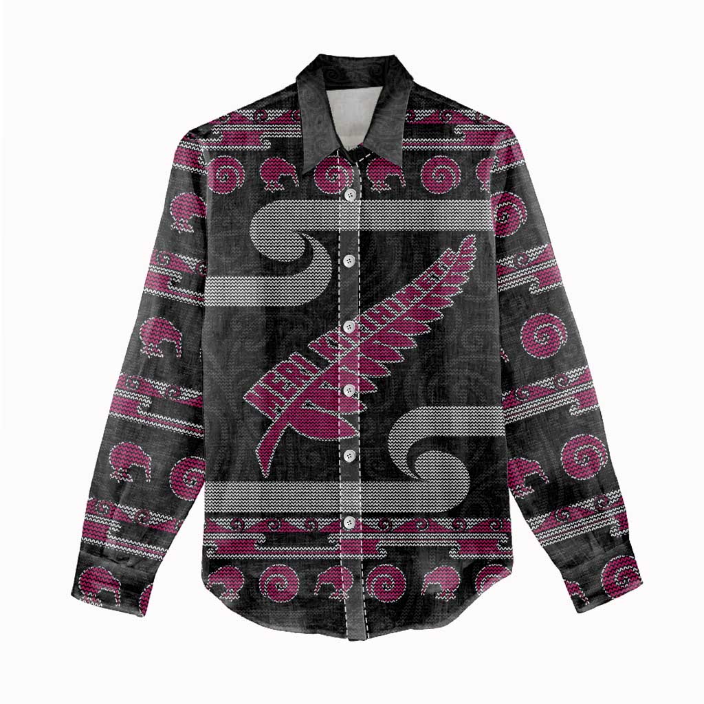 New Zealand Christmas Women Casual Shirt Meri Kirihimete Silver Fern Knit Style Pink Color LT03 - Polynesian Pride
