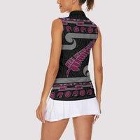 New Zealand Christmas Women Sleeveless Polo Shirt Meri Kirihimete Silver Fern Knit Style Pink Color - Polynesian Pride