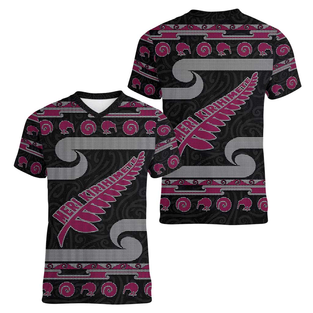 New Zealand Christmas Women V-Neck T-Shirt Meri Kirihimete Silver Fern Knit Style Pink Color - Polynesian Pride