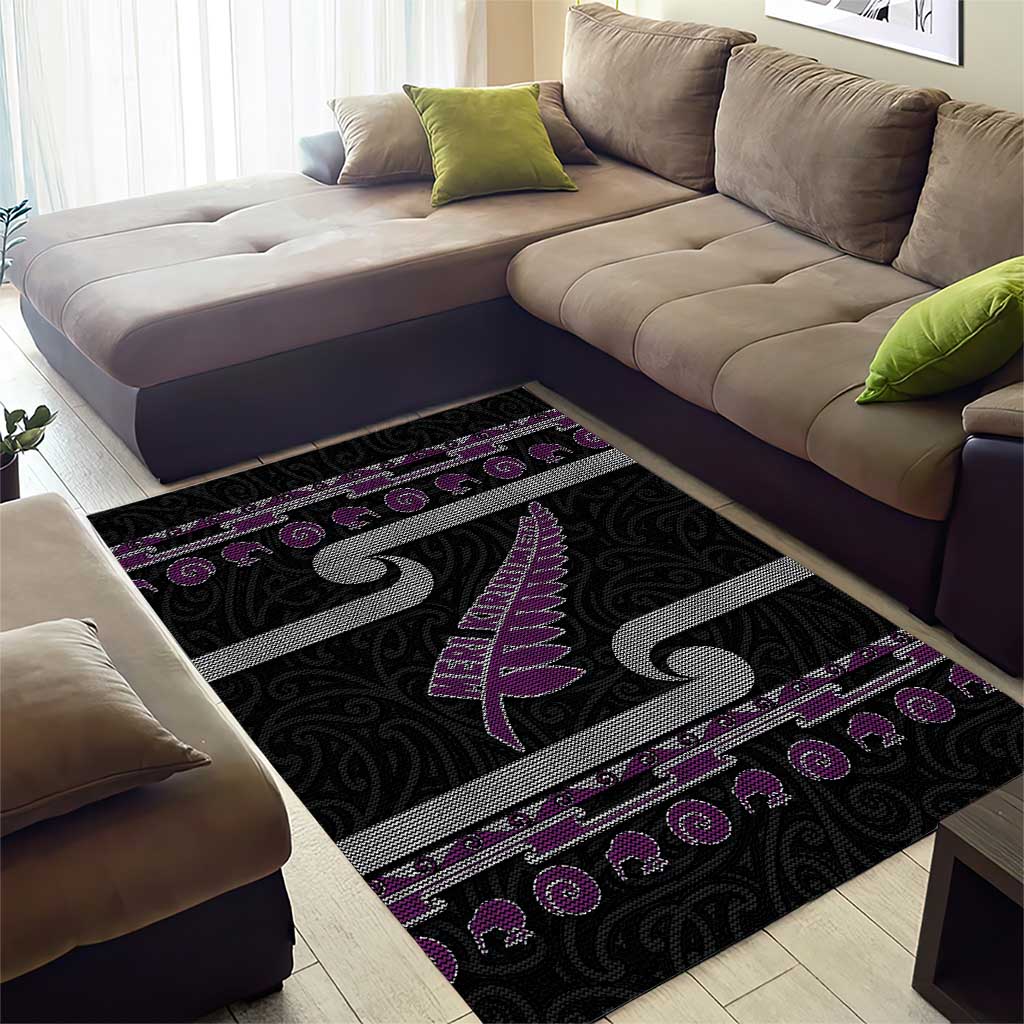 New Zealand Christmas Area Rug Meri Kirihimete Silver Fern Knit Style Purple Color LT03 - Polynesian Pride
