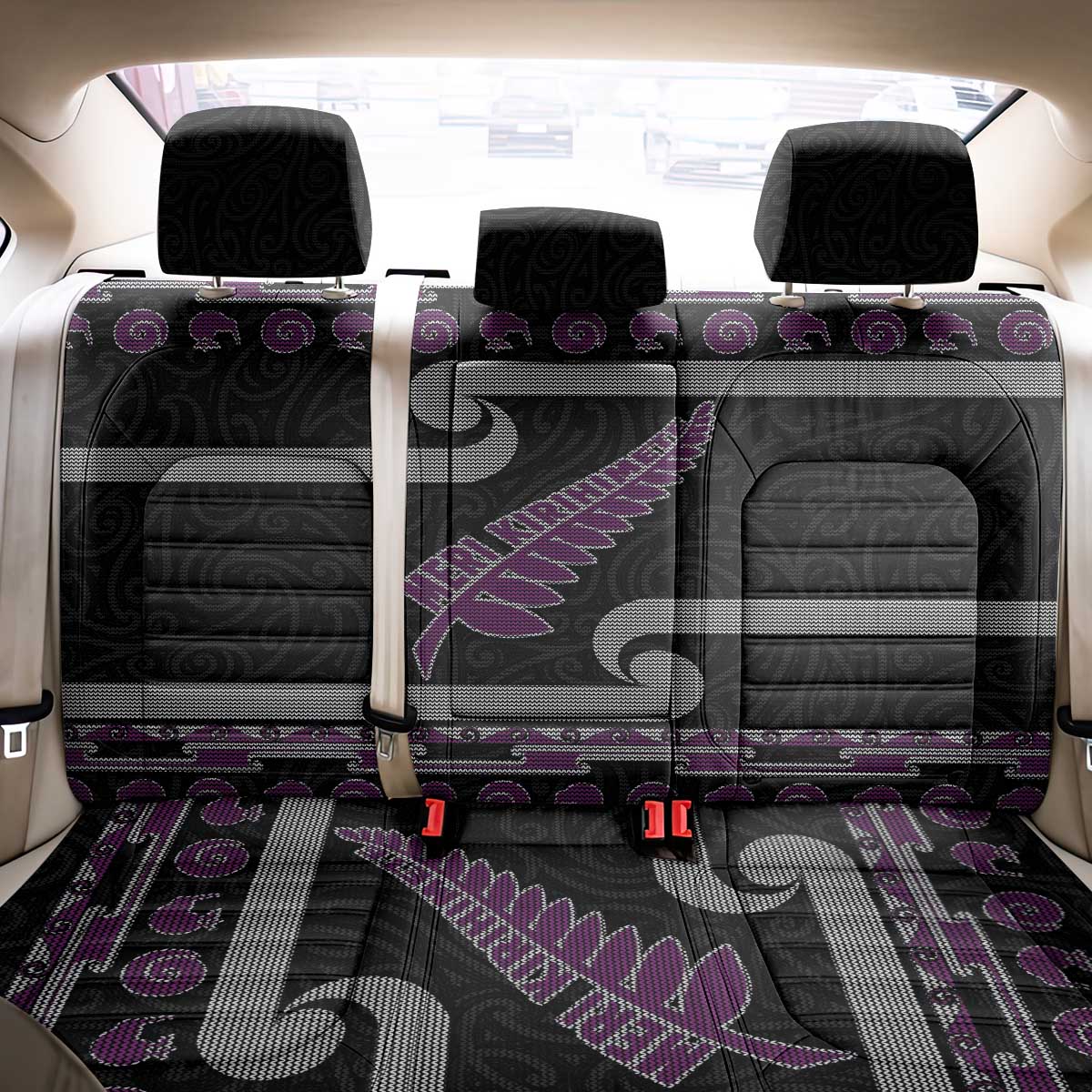 New Zealand Christmas Back Car Seat Cover Meri Kirihimete Silver Fern Knit Style Purple Color - Polynesian Pride