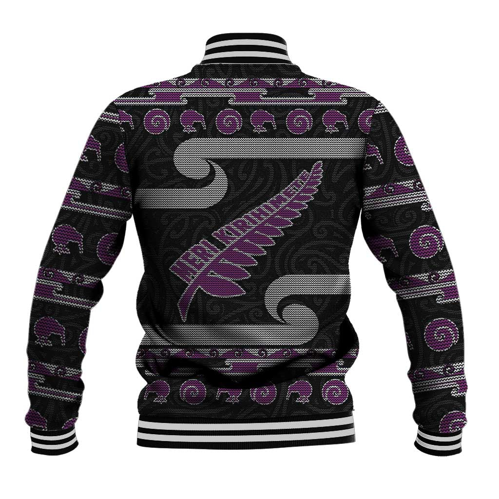 New Zealand Christmas Baseball Jacket Meri Kirihimete Silver Fern Knit Style Purple Color - Polynesian Pride