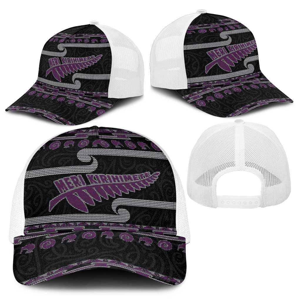 New Zealand Christmas Baseball Net Cap Meri Kirihimete Silver Fern Knit Style Purple Color - Polynesian Pride