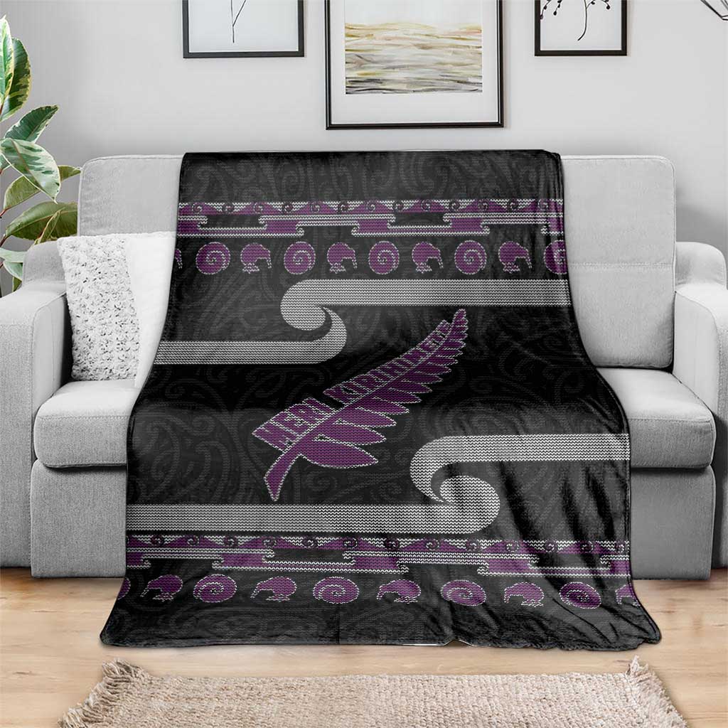 New Zealand Christmas Blanket Meri Kirihimete Silver Fern Knit Style Purple Color - Polynesian Pride