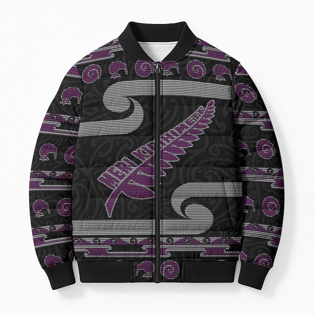 New Zealand Christmas Bomber Puffer Jacket Meri Kirihimete Silver Fern Knit Style Purple Color - Polynesian Pride