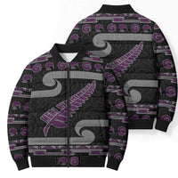 New Zealand Christmas Bomber Puffer Jacket Meri Kirihimete Silver Fern Knit Style Purple Color - Polynesian Pride