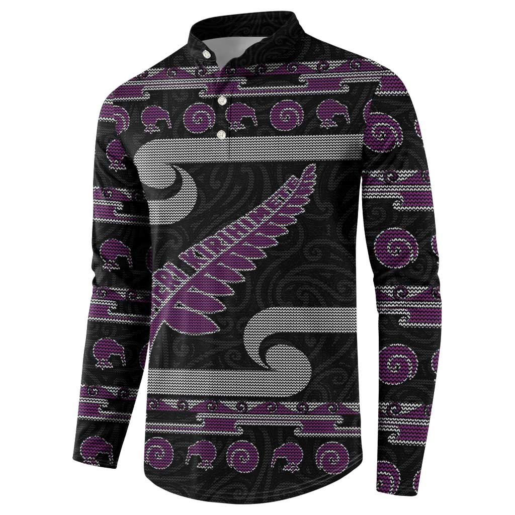 New Zealand Christmas Button Sweatshirt Meri Kirihimete Silver Fern Knit Style Purple Color - Polynesian Pride