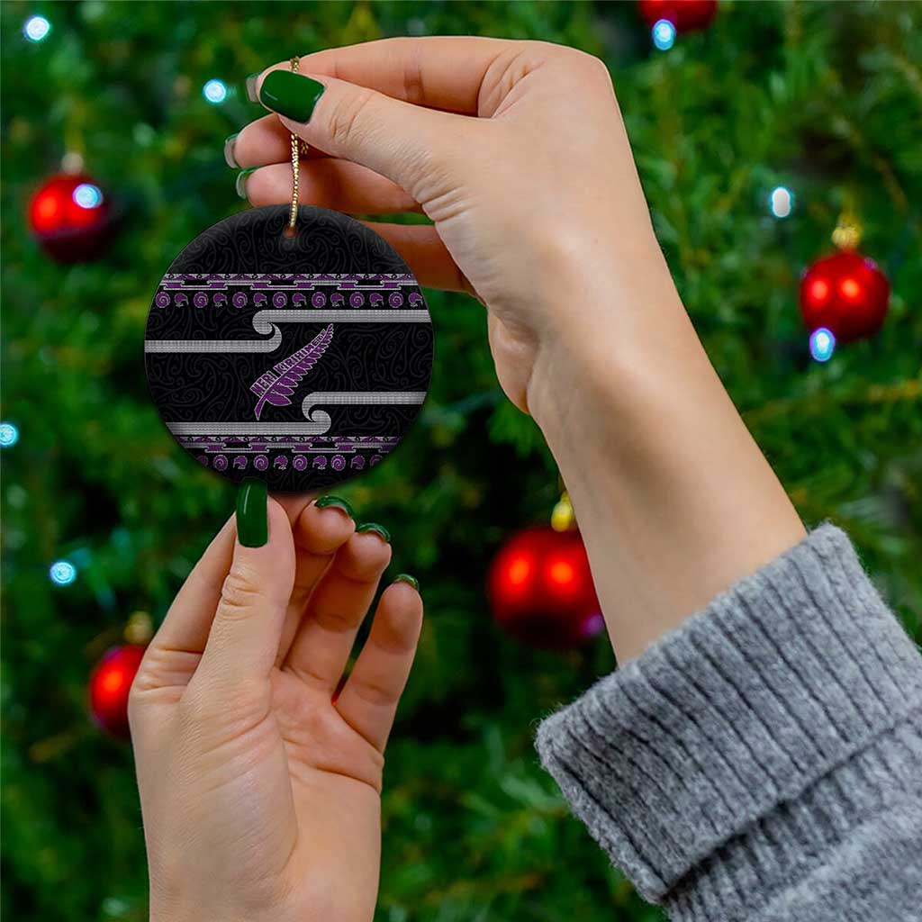 New Zealand Christmas Ceramic Ornament Meri Kirihimete Silver Fern Knit Style Purple Color - Polynesian Pride
