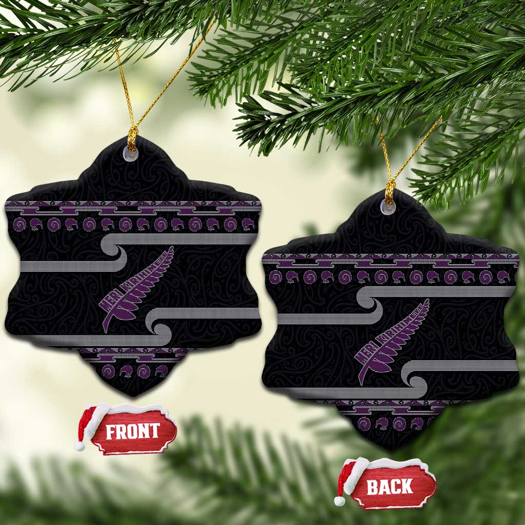 New Zealand Christmas Ceramic Ornament Meri Kirihimete Silver Fern Knit Style Purple Color - Polynesian Pride