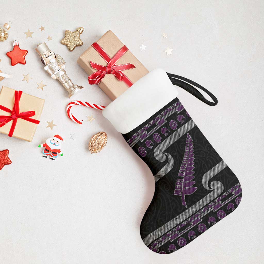 New Zealand Christmas Stocking Meri Kirihimete Silver Fern Knit Style Purple Color - Polynesian Pride