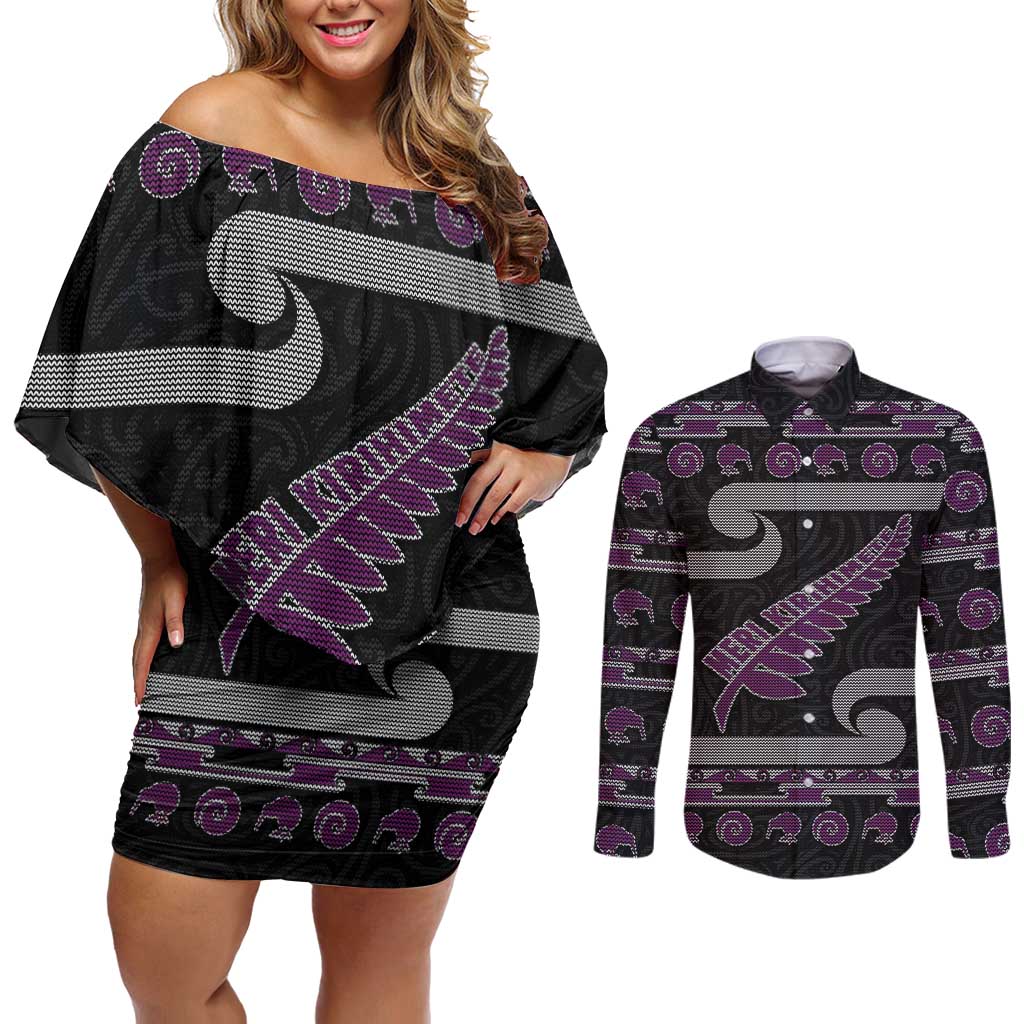New Zealand Christmas Couples Matching Off Shoulder Short Dress and Long Sleeve Button Shirt Meri Kirihimete Silver Fern Knit Style Purple Color - Polynesian Pride