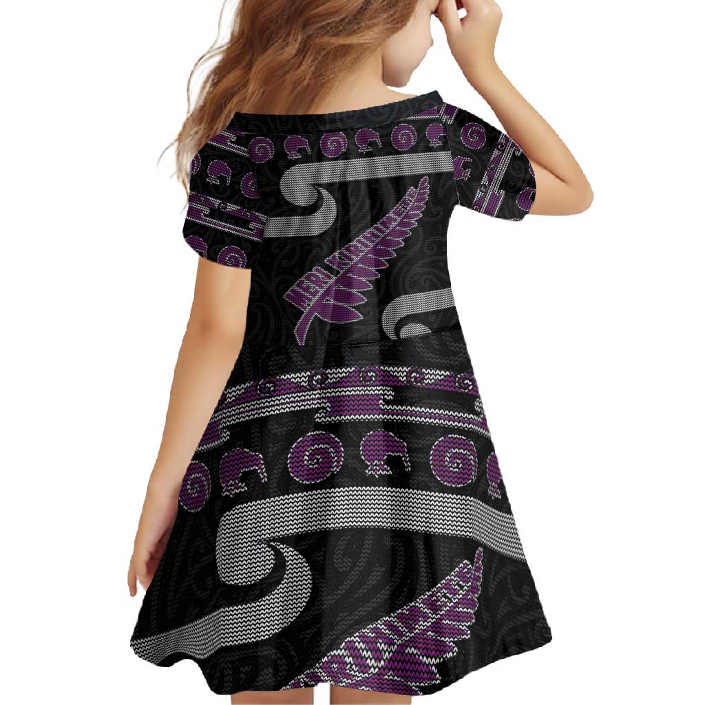 New Zealand Christmas Family Matching Long Sleeve Bodycon Dress and Hawaiian Shirt Meri Kirihimete Silver Fern Knit Style Purple Color - Polynesian Pride