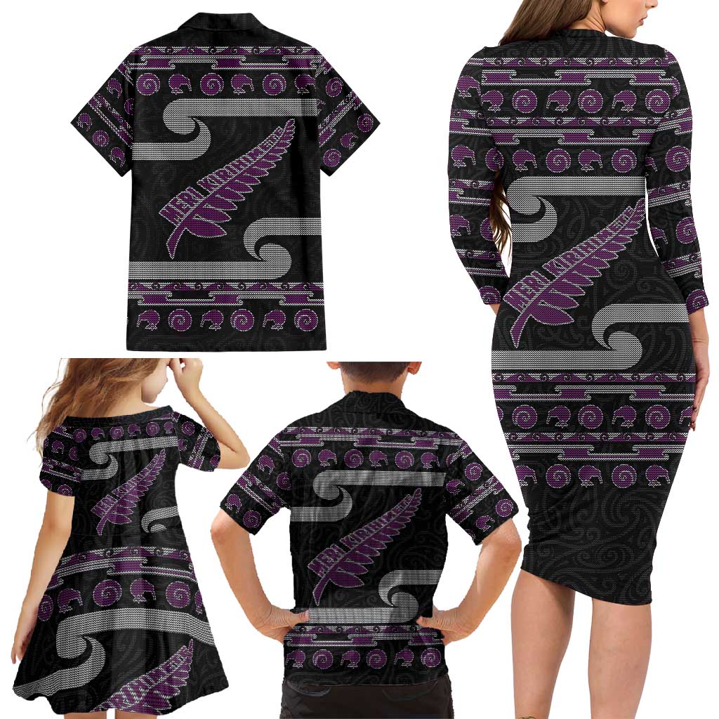 New Zealand Christmas Family Matching Long Sleeve Bodycon Dress and Hawaiian Shirt Meri Kirihimete Silver Fern Knit Style Purple Color - Polynesian Pride