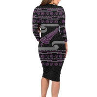 New Zealand Christmas Family Matching Long Sleeve Bodycon Dress and Hawaiian Shirt Meri Kirihimete Silver Fern Knit Style Purple Color - Polynesian Pride