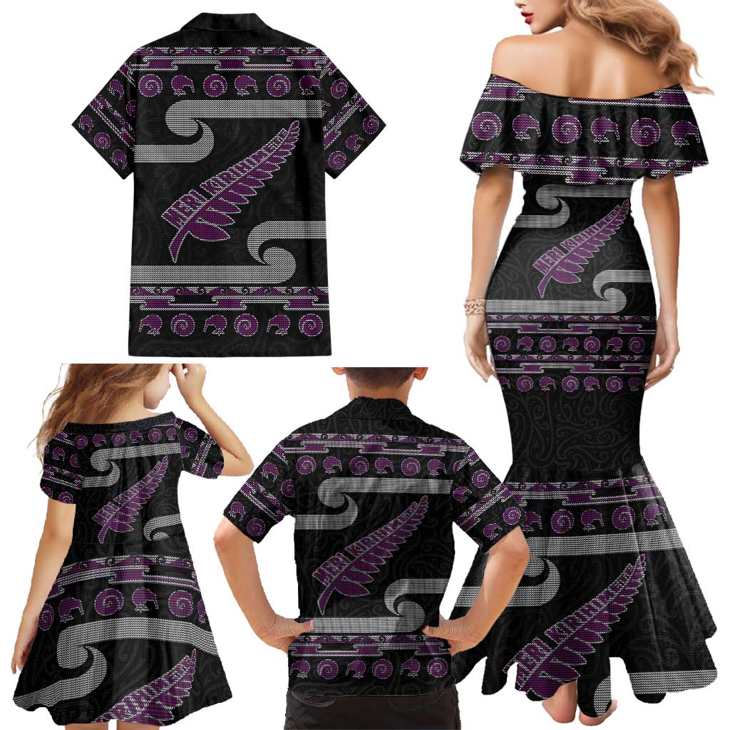 New Zealand Christmas Family Matching Mermaid Dress and Hawaiian Shirt Meri Kirihimete Silver Fern Knit Style Purple Color - Polynesian Pride