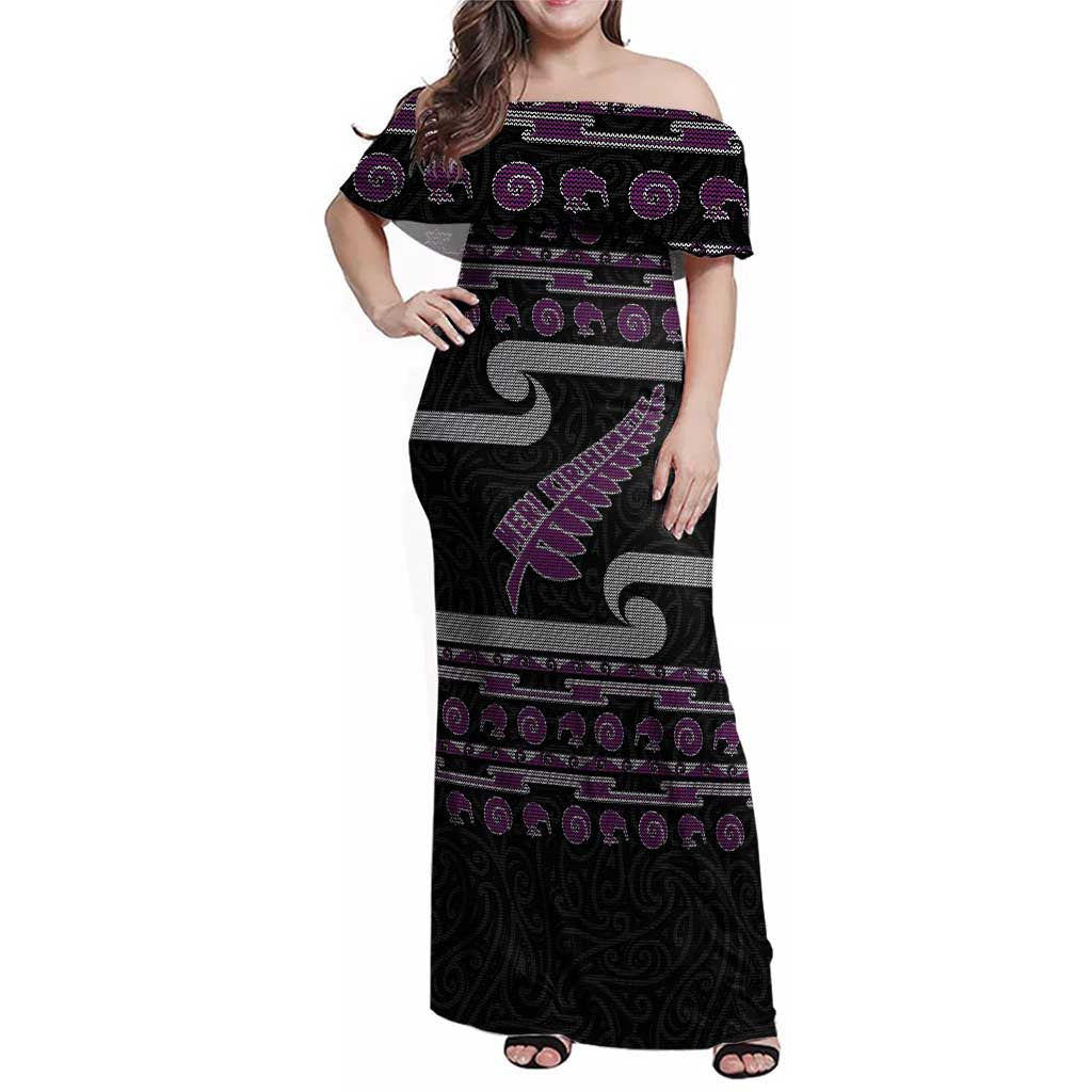 New Zealand Christmas Family Matching Off Shoulder Maxi Dress and Hawaiian Shirt Meri Kirihimete Silver Fern Knit Style Purple Color - Polynesian Pride