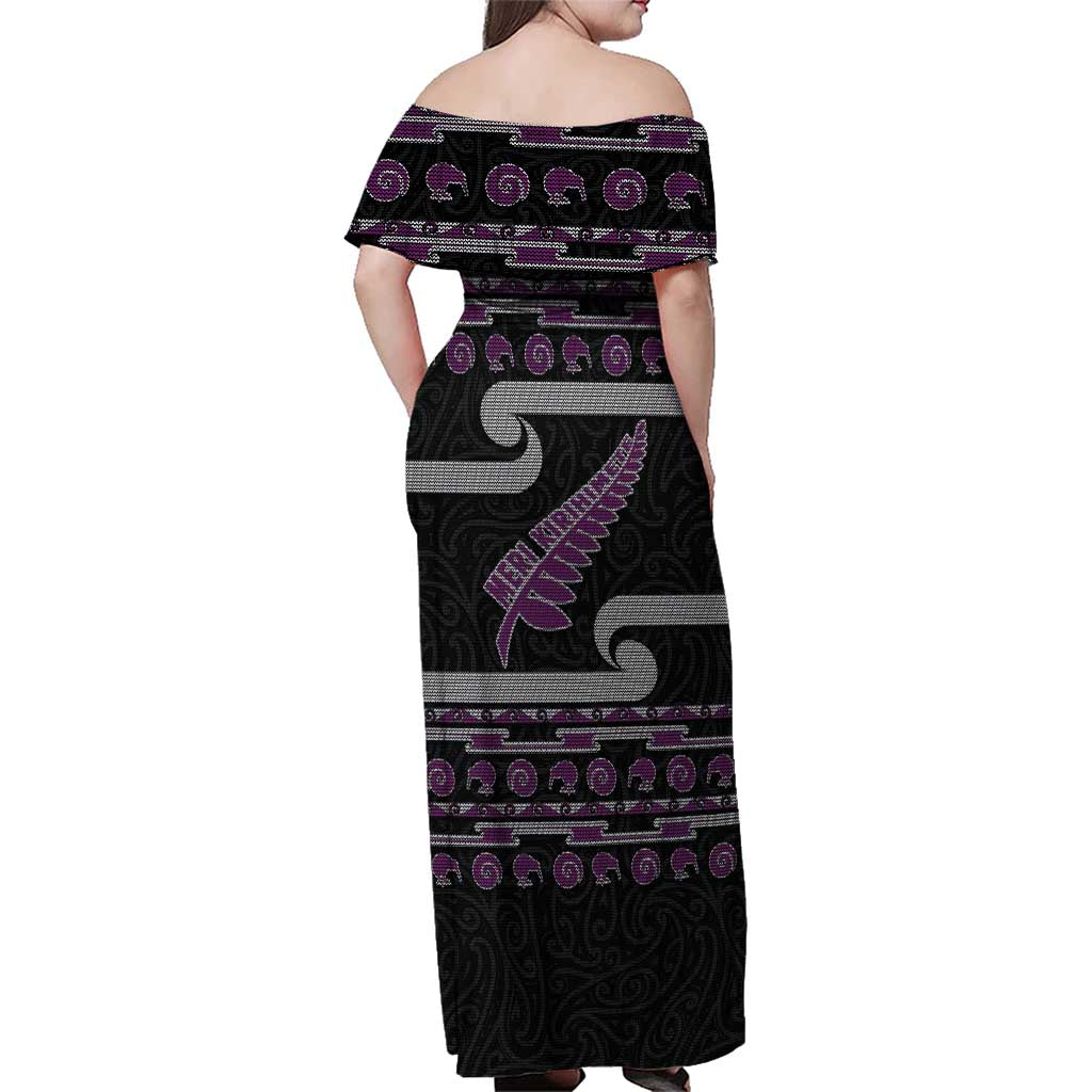 New Zealand Christmas Family Matching Off Shoulder Maxi Dress and Hawaiian Shirt Meri Kirihimete Silver Fern Knit Style Purple Color - Polynesian Pride