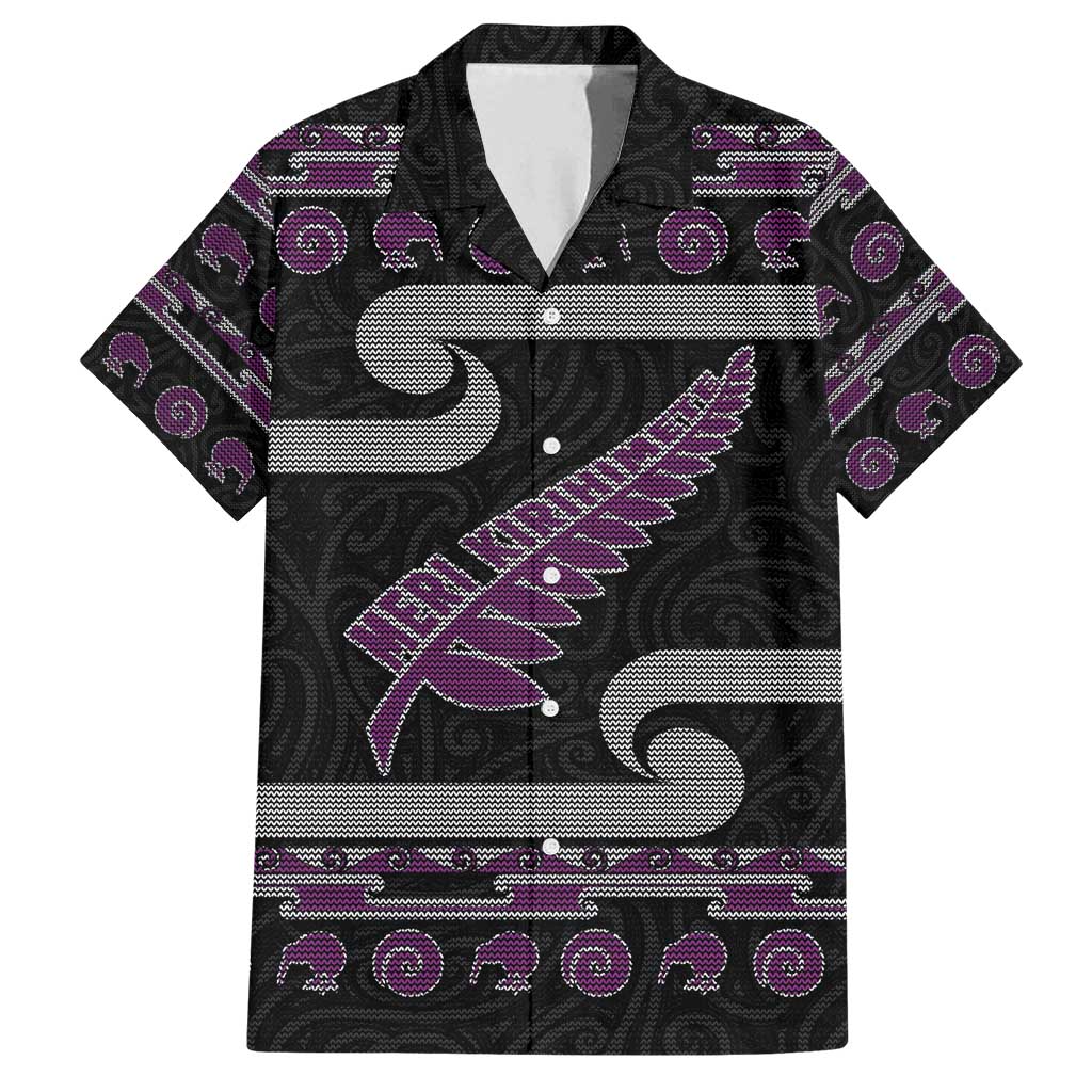 New Zealand Christmas Family Matching Off Shoulder Short Dress and Hawaiian Shirt Meri Kirihimete Silver Fern Knit Style Purple Color - Polynesian Pride