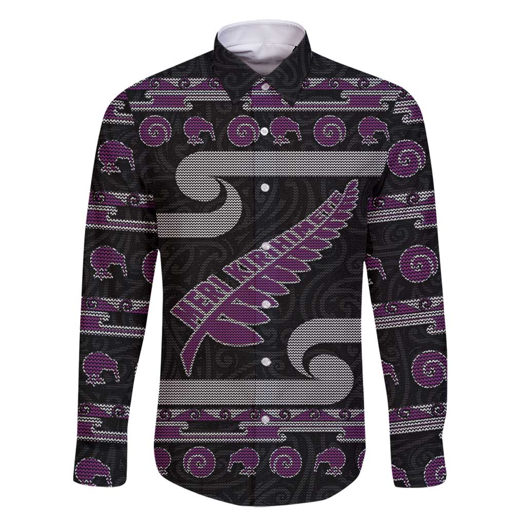 New Zealand Christmas Family Matching Off Shoulder Short Dress and Hawaiian Shirt Meri Kirihimete Silver Fern Knit Style Purple Color - Polynesian Pride