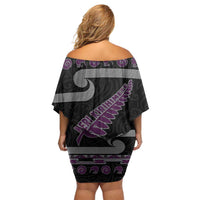 New Zealand Christmas Family Matching Off Shoulder Short Dress and Hawaiian Shirt Meri Kirihimete Silver Fern Knit Style Purple Color - Polynesian Pride