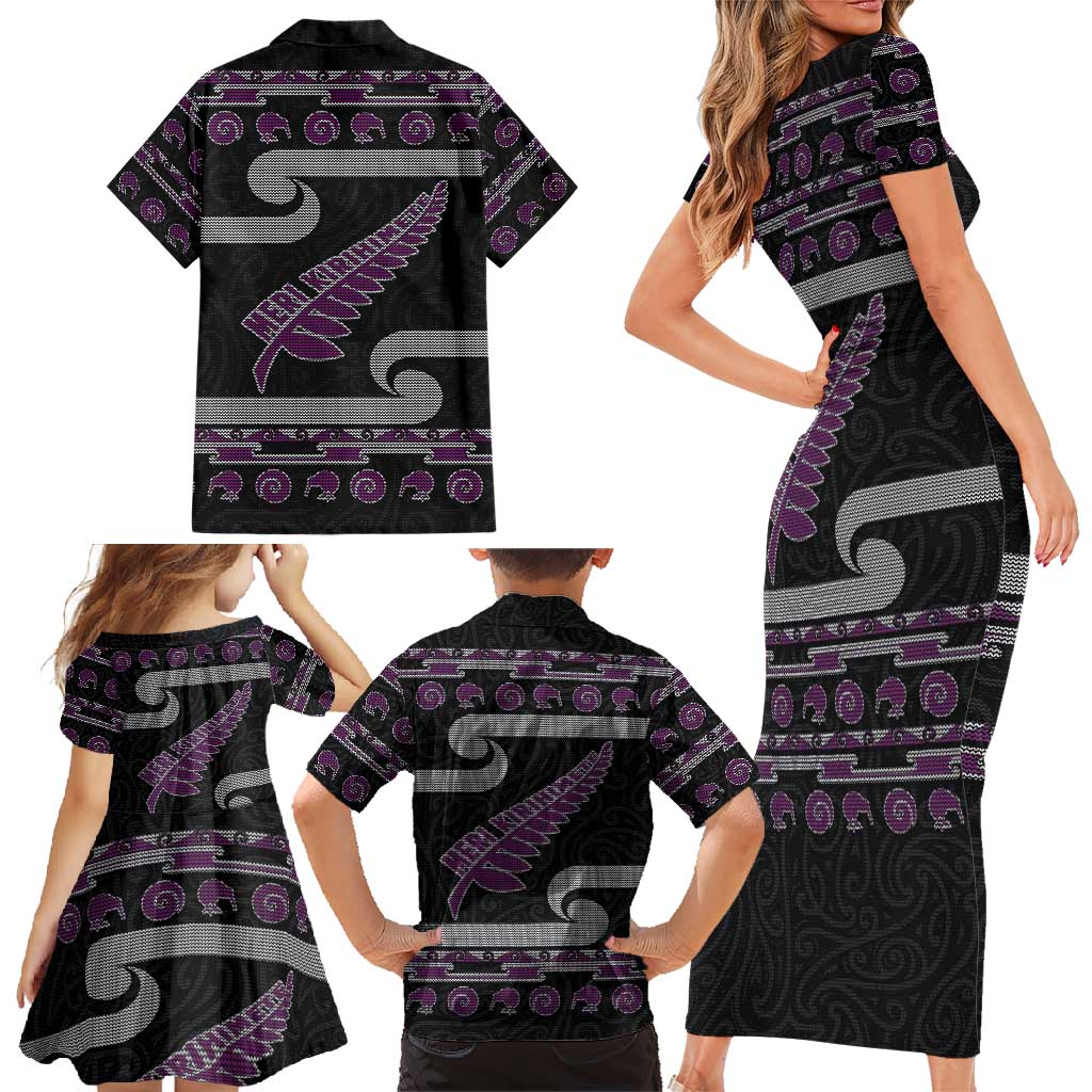 New Zealand Christmas Family Matching Short Sleeve Bodycon Dress and Hawaiian Shirt Meri Kirihimete Silver Fern Knit Style Purple Color - Polynesian Pride