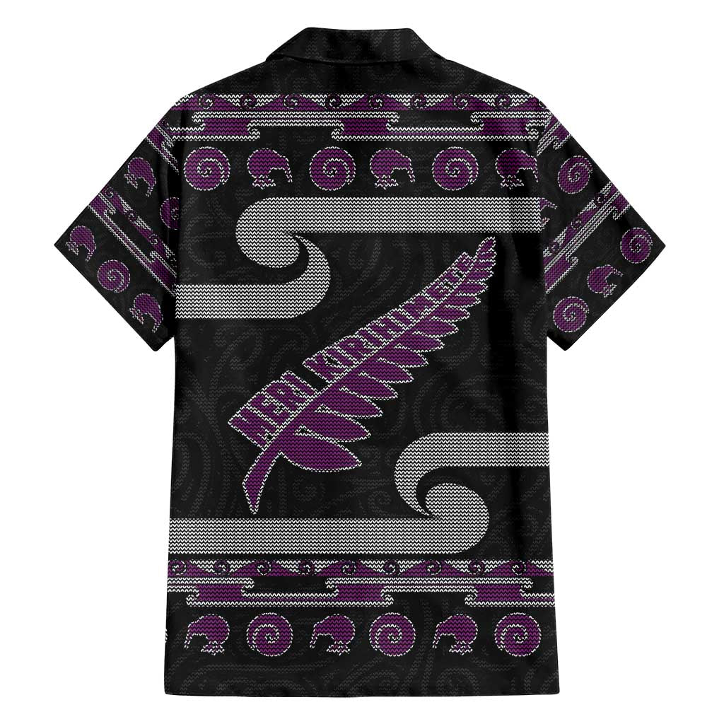 New Zealand Christmas Family Matching Tank Maxi Dress and Hawaiian Shirt Meri Kirihimete Silver Fern Knit Style Purple Color - Polynesian Pride