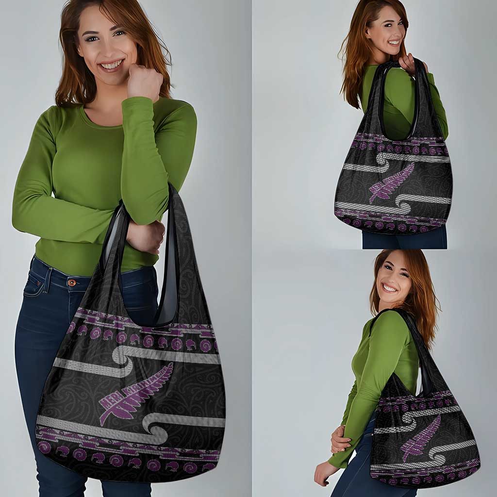 New Zealand Christmas Grocery Bag Meri Kirihimete Silver Fern Knit Style Purple Color - Polynesian Pride