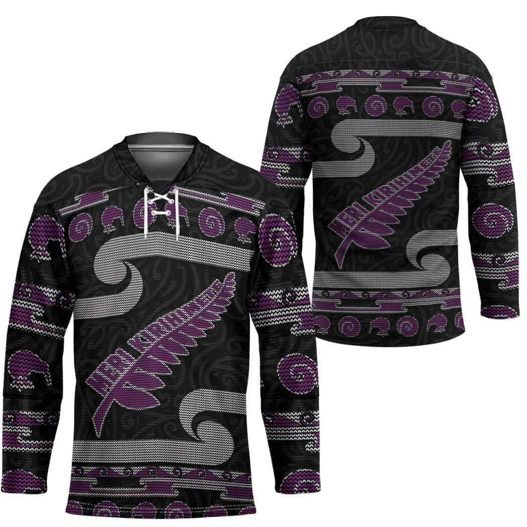 New Zealand Christmas Hockey Jersey Meri Kirihimete Silver Fern Knit Style Purple Color LT03 - Polynesian Pride