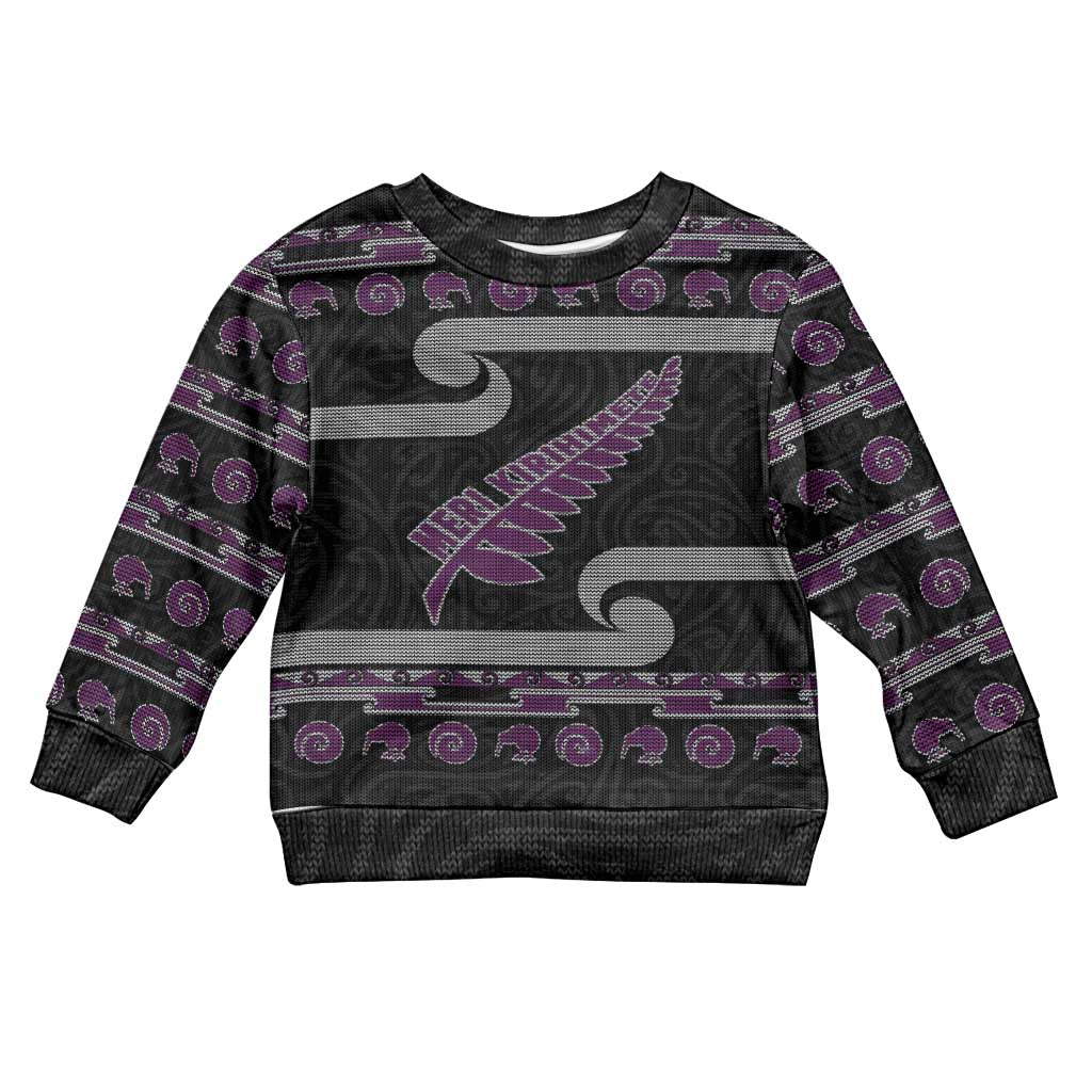 New Zealand Christmas Kid Ugly Christmas Sweater Meri Kirihimete Silver Fern Knit Style Purple Color - Polynesian Pride