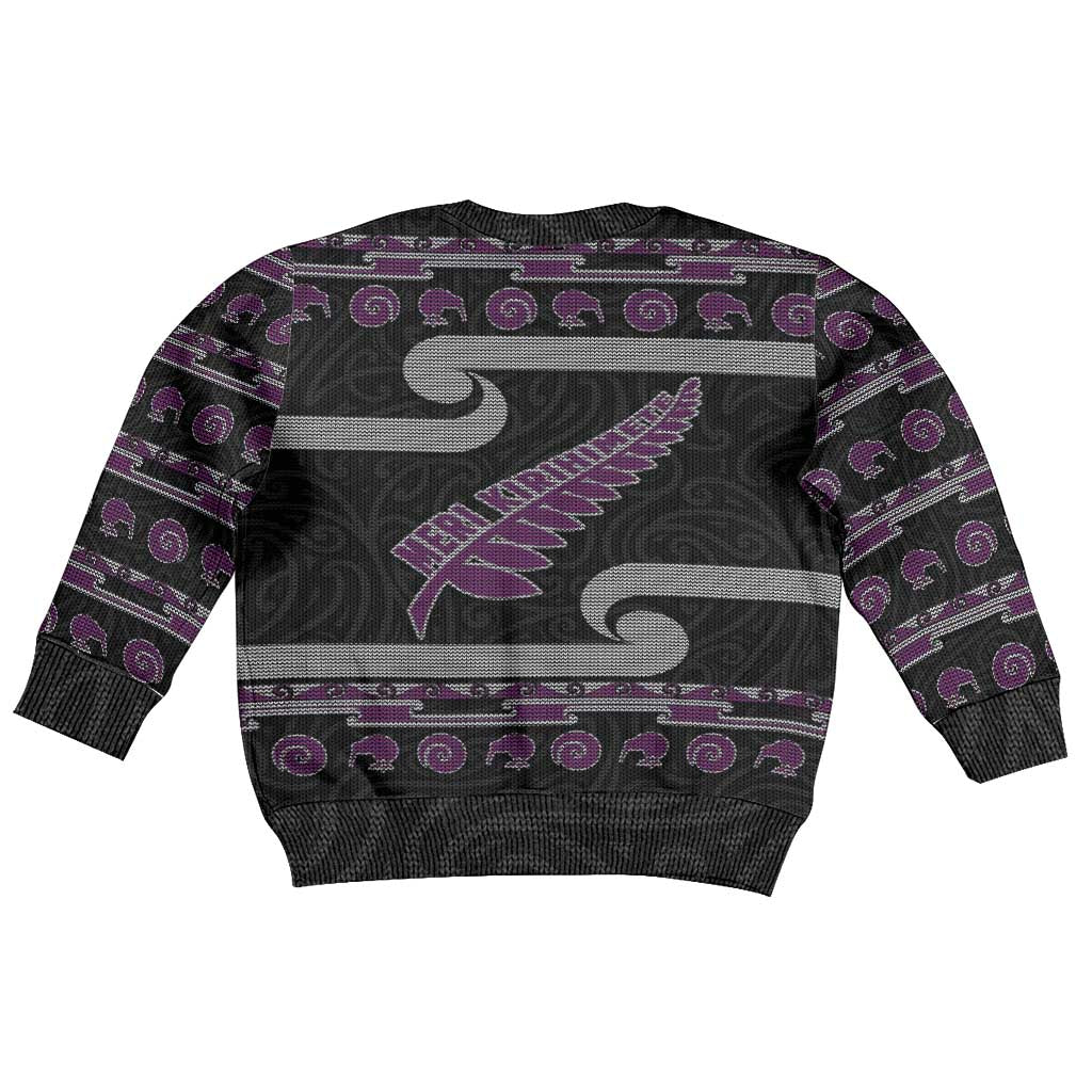 New Zealand Christmas Kid Ugly Christmas Sweater Meri Kirihimete Silver Fern Knit Style Purple Color LT03 - Polynesian Pride