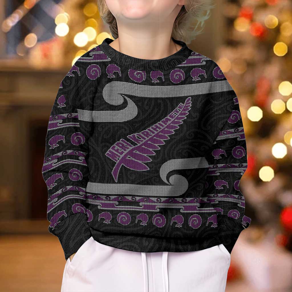 New Zealand Christmas Kid Ugly Christmas Sweater Meri Kirihimete Silver Fern Knit Style Purple Color LT03 - Polynesian Pride