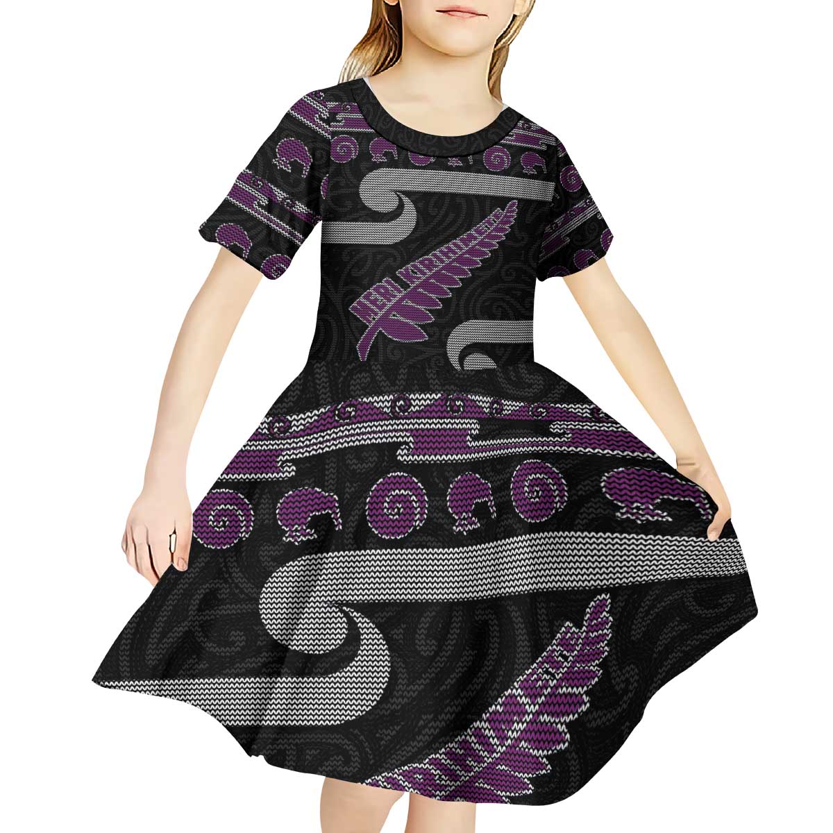 New Zealand Christmas Kid Short Sleeve Dress Meri Kirihimete Silver Fern Knit Style Purple Color - Polynesian Pride