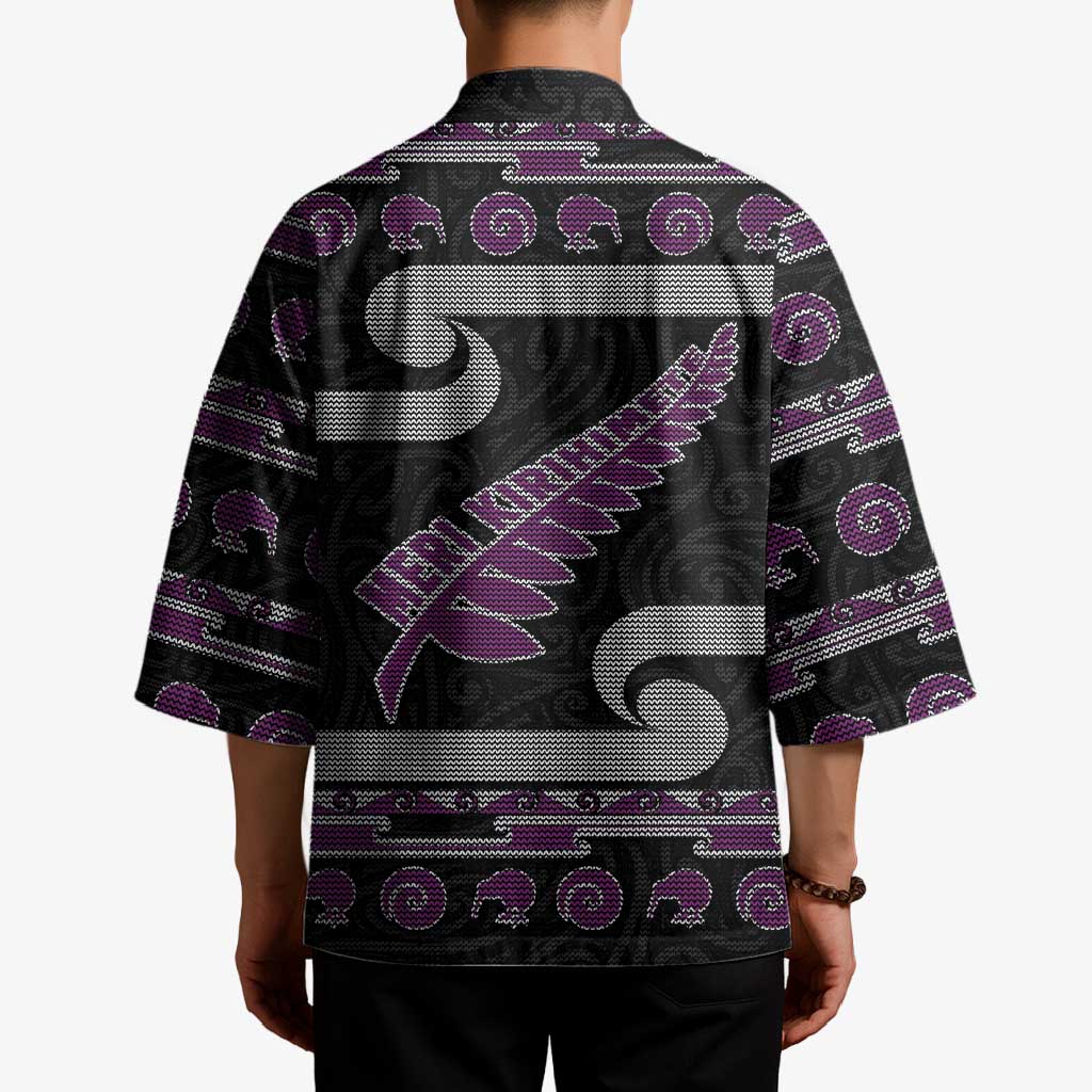 New Zealand Christmas Kimono Meri Kirihimete Silver Fern Knit Style Purple Color LT03 - Polynesian Pride
