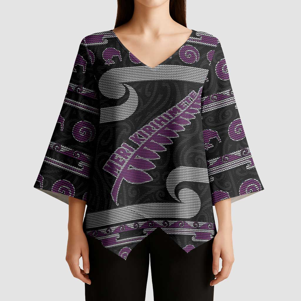 New Zealand Christmas Kimono Sleeve Blouse Meri Kirihimete Silver Fern Knit Style Purple Color - Polynesian Pride