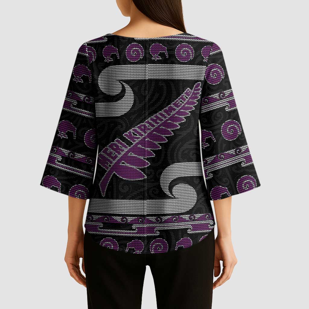 New Zealand Christmas Kimono Sleeve Blouse Meri Kirihimete Silver Fern Knit Style Purple Color - Polynesian Pride