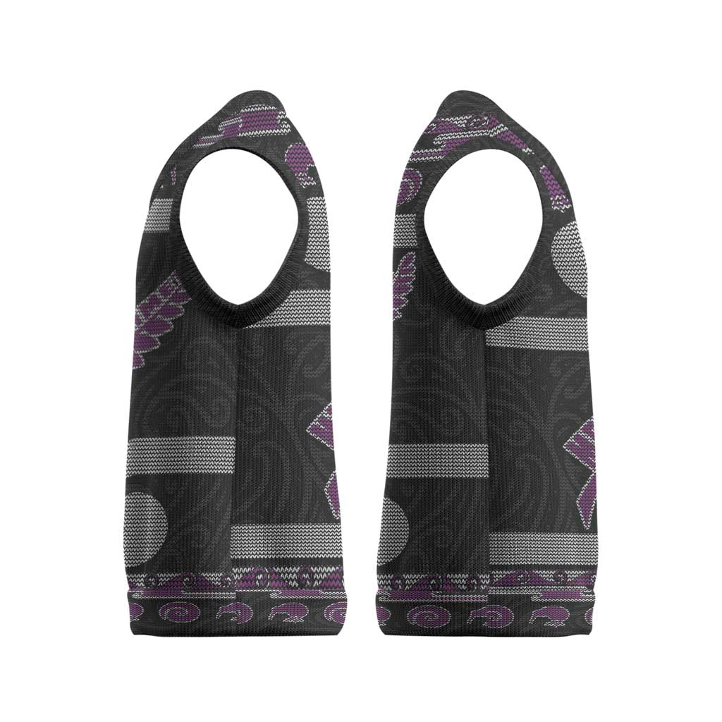 New Zealand Christmas Knitted V-Neck Vest Meri Kirihimete Silver Fern Knit Style Purple Color - Polynesian Pride