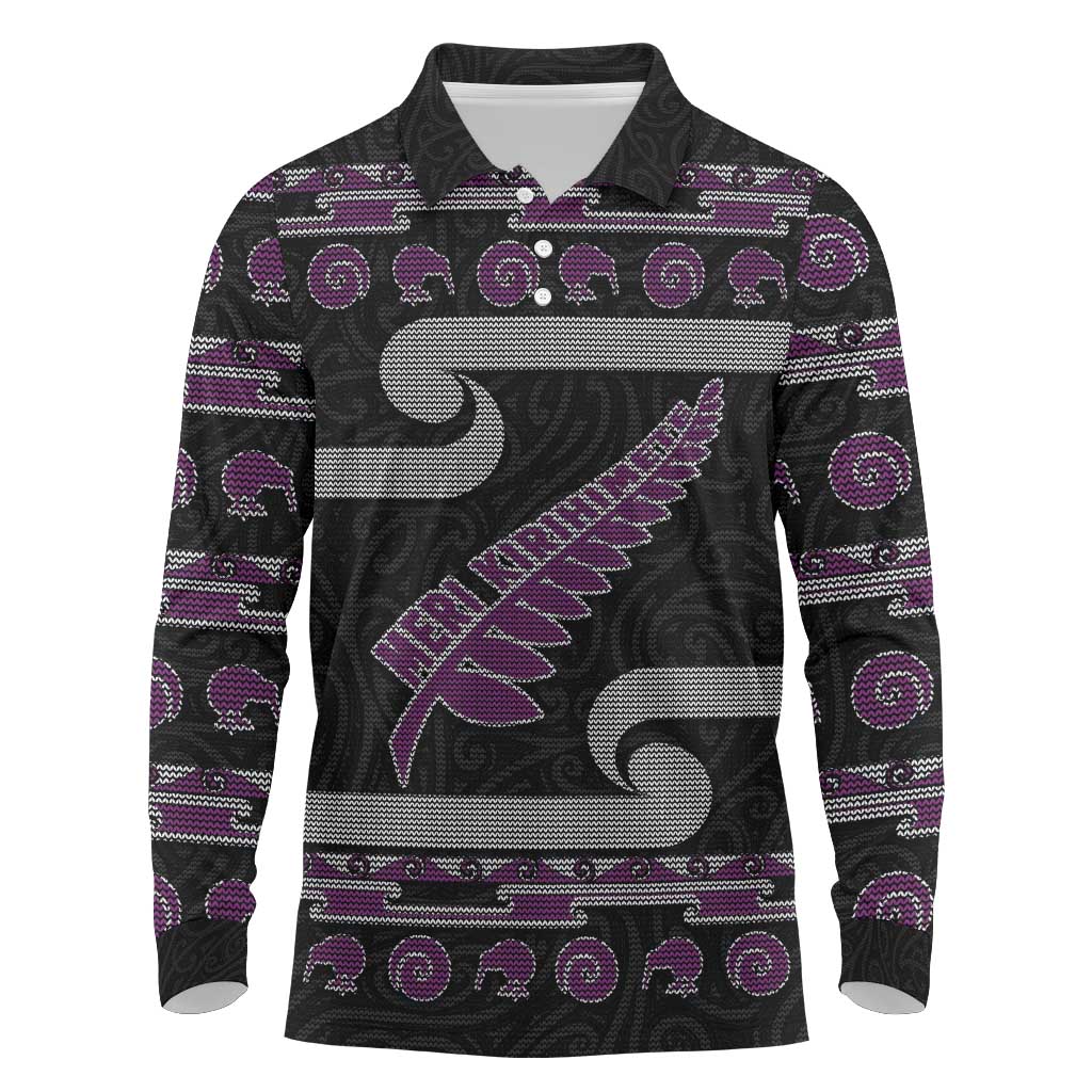 New Zealand Christmas Long Sleeve Polo Shirt Meri Kirihimete Silver Fern Knit Style Purple Color - Polynesian Pride