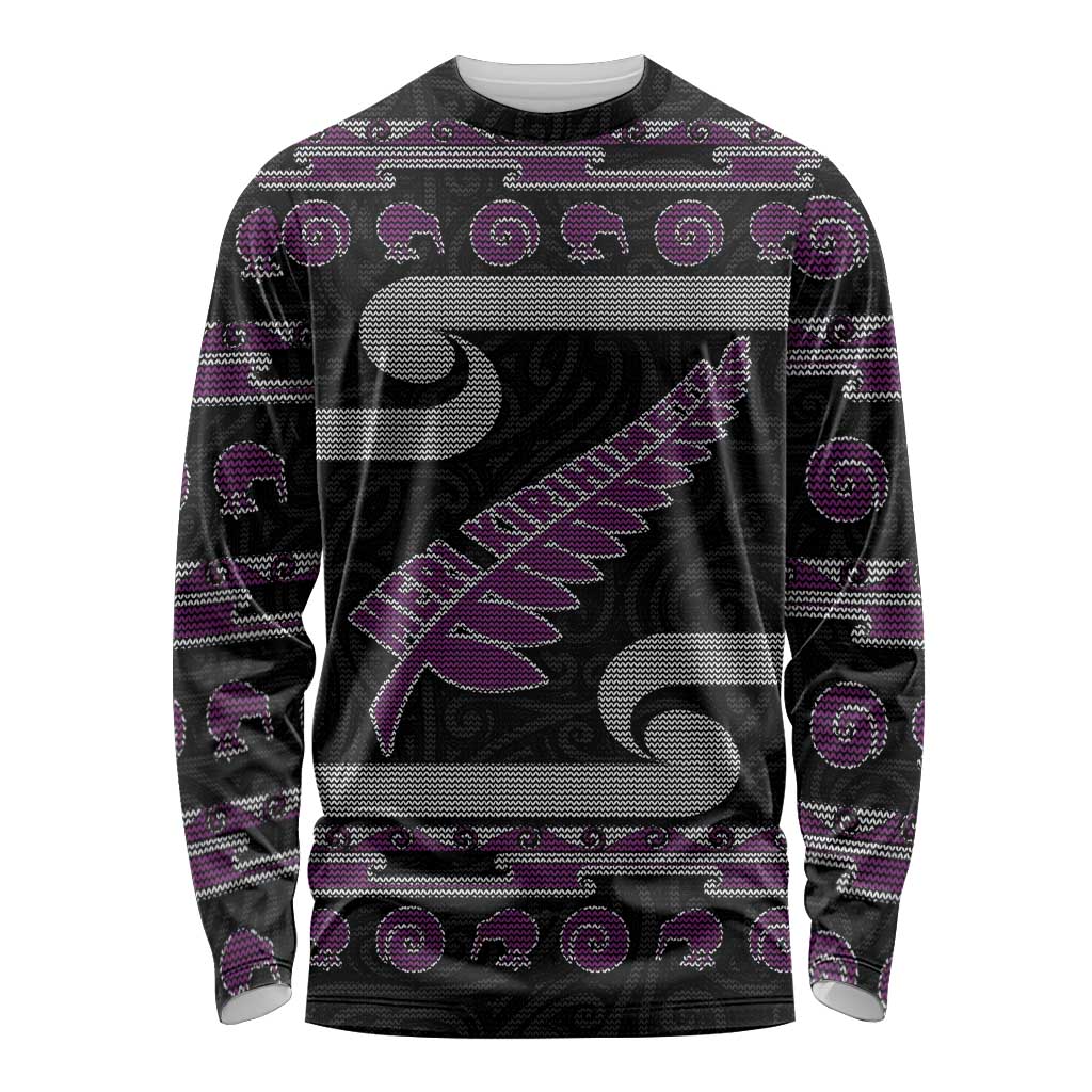 New Zealand Christmas Long Sleeve Shirt Meri Kirihimete Silver Fern Knit Style Purple Color - Polynesian Pride