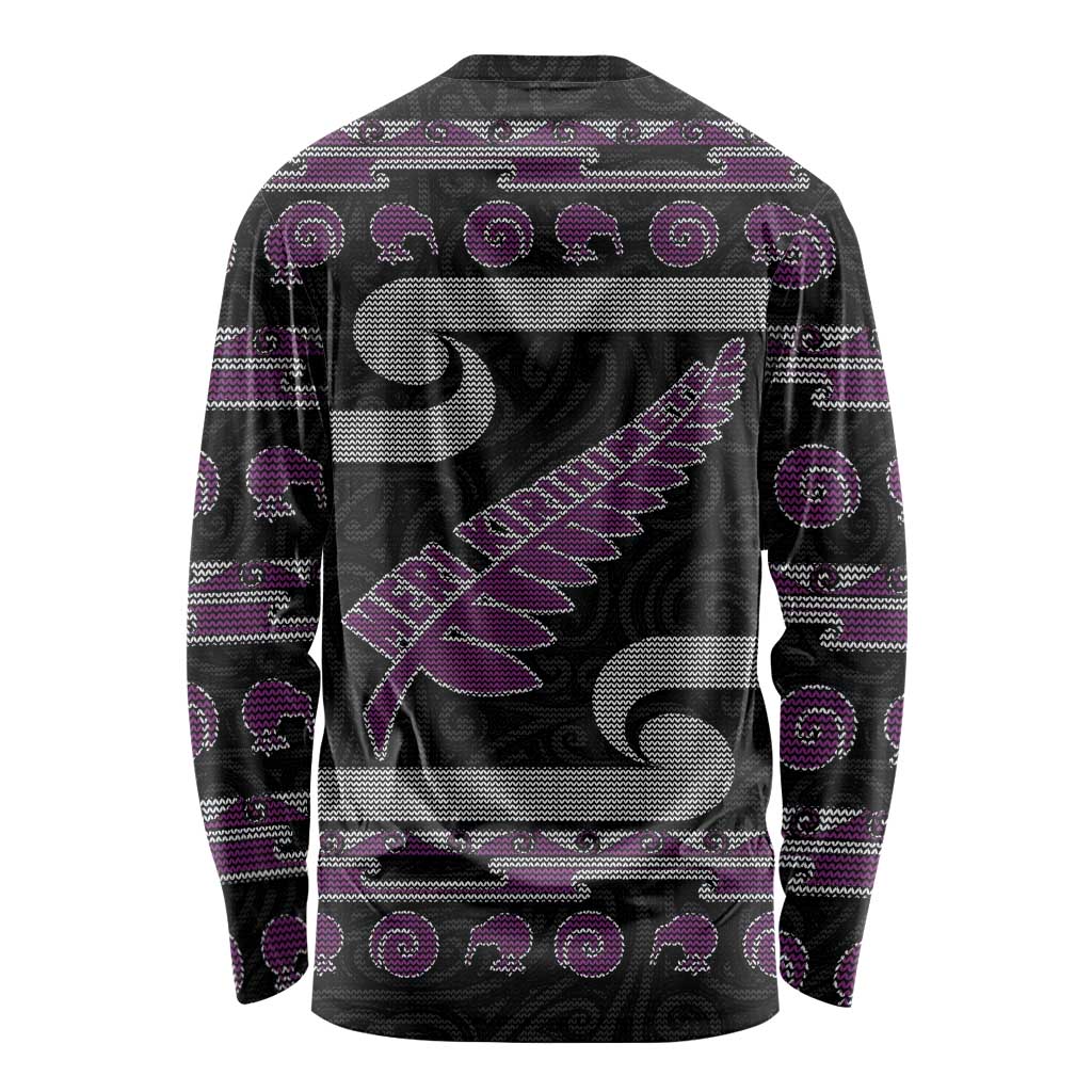 New Zealand Christmas Long Sleeve Shirt Meri Kirihimete Silver Fern Knit Style Purple Color - Polynesian Pride