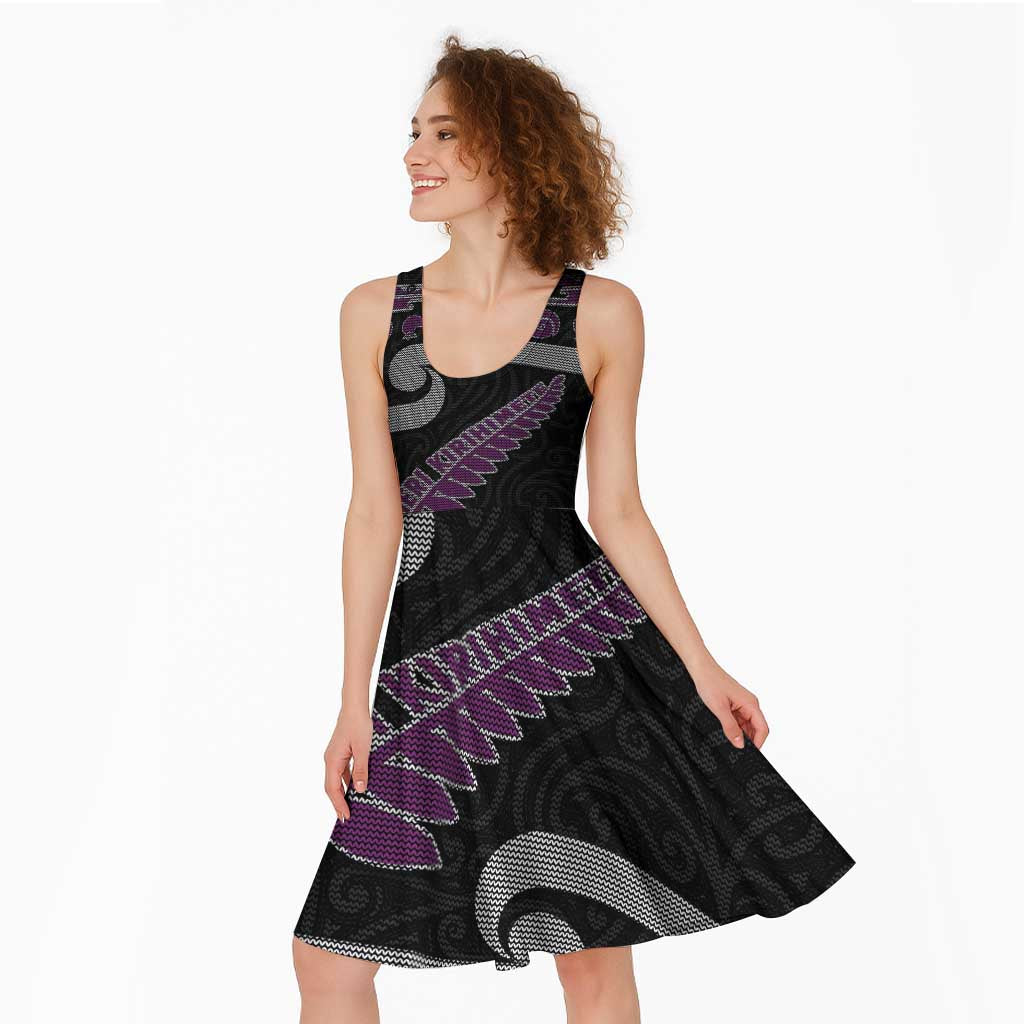 New Zealand Christmas Midi Dress Meri Kirihimete Silver Fern Knit Style Purple Color LT03 - Polynesian Pride