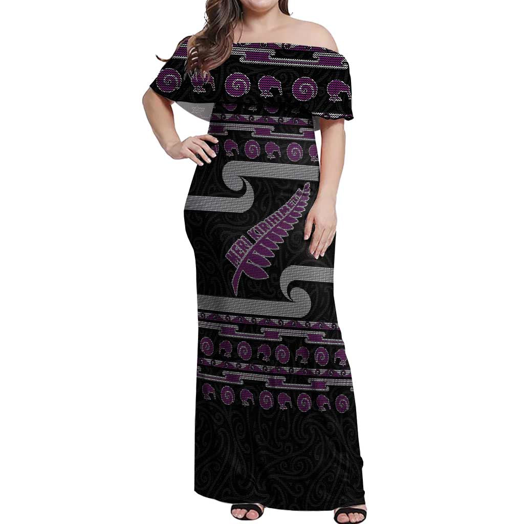 New Zealand Christmas Off Shoulder Maxi Dress Meri Kirihimete Silver Fern Knit Style Purple Color - Polynesian Pride
