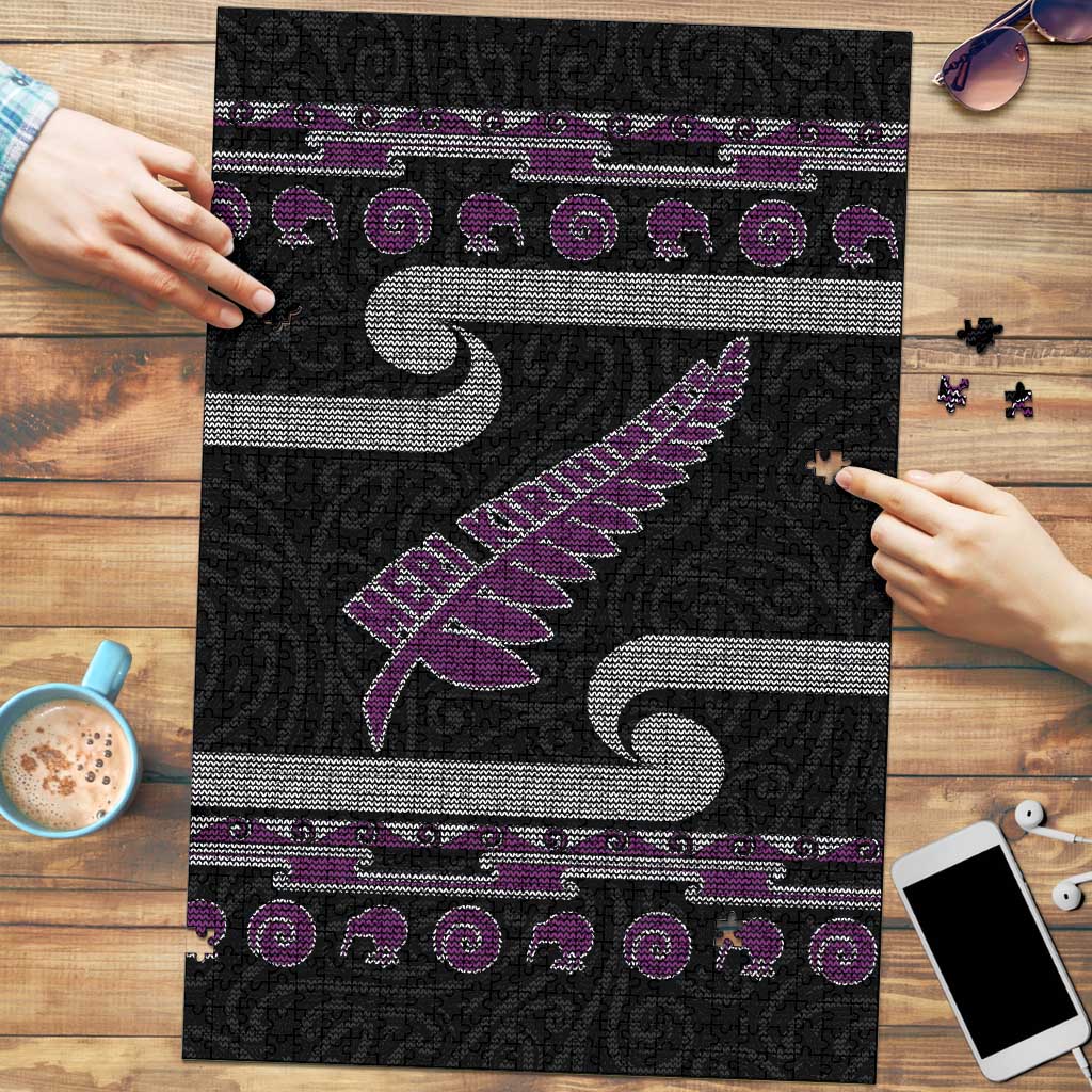 New Zealand Christmas Puzzle Meri Kirihimete Silver Fern Knit Style Purple Color - Polynesian Pride