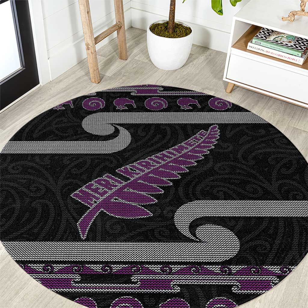 New Zealand Christmas Round Carpet Meri Kirihimete Silver Fern Knit Style Purple Color - Polynesian Pride