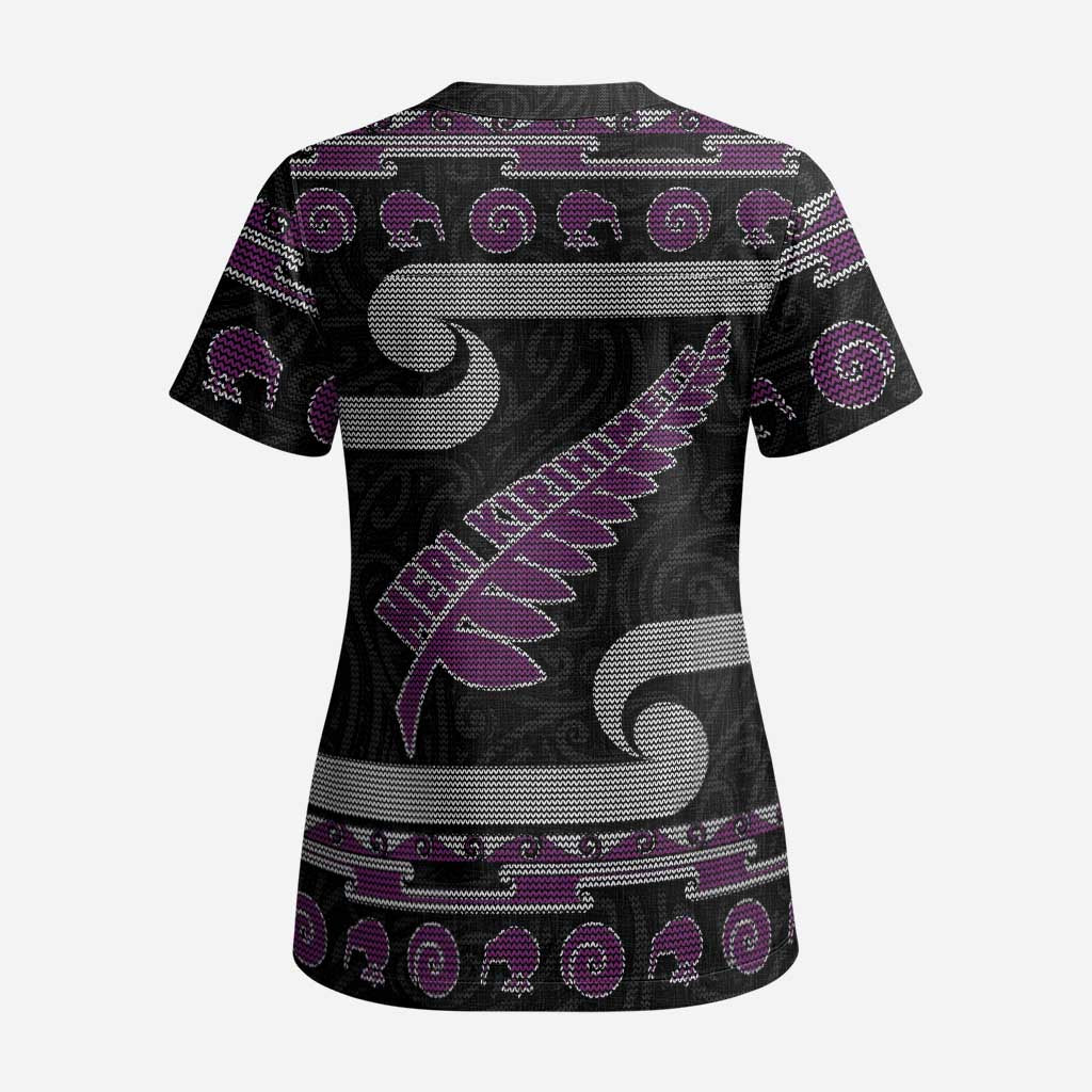 New Zealand Christmas Scrub Top Meri Kirihimete Silver Fern Knit Style Purple Color - Polynesian Pride