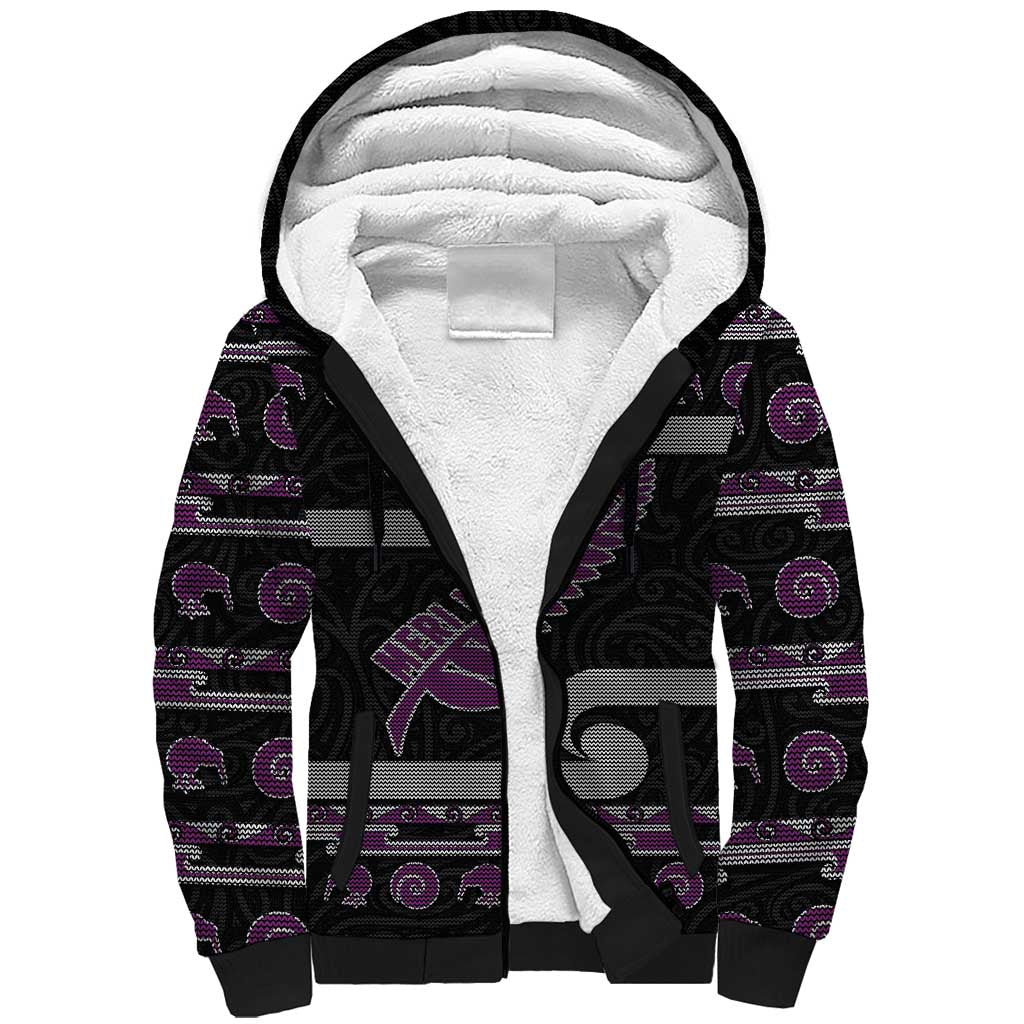 New Zealand Christmas Sherpa Hoodie Meri Kirihimete Silver Fern Knit Style Purple Color LT03 Unisex Purple - Polynesian Pride