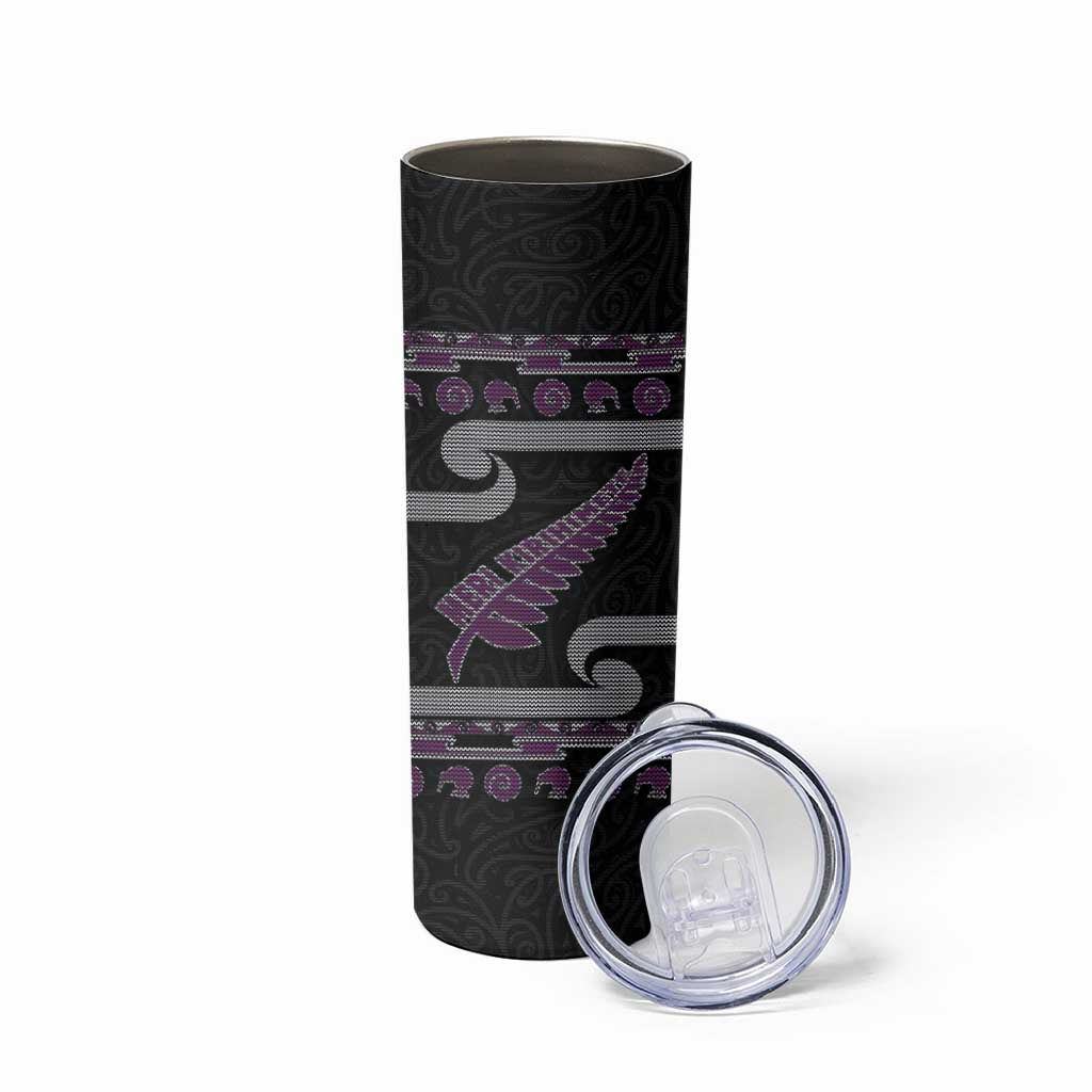 New Zealand Christmas Skinny Tumbler Meri Kirihimete Silver Fern Knit Style Purple Color - Polynesian Pride